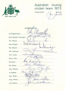 1973 Australian Team, official team sheet with 16 signatures including Ian Chappell, Keith Stackpole & Dennis Lillee. Together with 3 signed photographs.