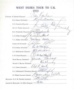 WEST INDIES: Team sheets (2) for 1973 tour to UK; 1975-76 tour of Australia; plus 9 signed photographs.