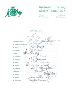 1974 Australian Team to New Zealand, official team sheet with 14 signatures including Ian Chappell (captain), Keith Stackpole, Ray Bright & Greg Chappell. Fine condition. Very scarce - we've only had this one twice before.