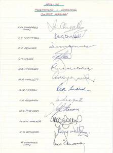 1974-75 Australian Team v England, team sheet for 5th Test at Adelaide, with 12 signatures including Ian Chappell (captain), Greg Chappell, Jeff Thomson & Dennis Lillee. Together with team photo signed Ian Chappell.