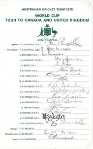 1975 Australian Team to World Cup, official team sheet with 18 signatures including Ian Chappell (captain), Greg Chappell & Dennis Lillee. Together with 10 signed photographs. [Australia 274 lost the inaugural World Cup Final to West Indies 8/291].