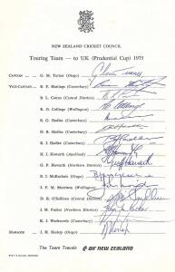 NEW ZEALAND: Team sheets (5) for 1975 World Cup; 1976 tour to Pakistan & India; 1978 tour to UK; 1980-81 tour to Australia; 1980 2nd Test v Australia; plus 20 signed photographs.