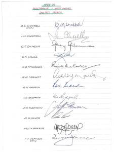 1975-76 Australian Team, 2nd Test v West Indies at Perth, team sheet with 12 signatures including Greg Chappell (captain), Ian Chappell & Dennis Lillee. Scarce.