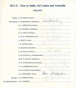 ENGLAND: Team sheets (4) for 1976-77 tour to India, Sri Lanka & Australia; 1977-78 tour to Pakistan & NZ; 1978-79 tour to Australia; 1979-80 tour to Australia & India; plus 7 signed photographs.