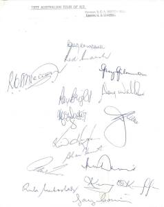 1977 Australian Team to New Zealand, team sheet with 15 signatures including Greg Chappell (captain), Rod Marsh & Dennis Lillee.