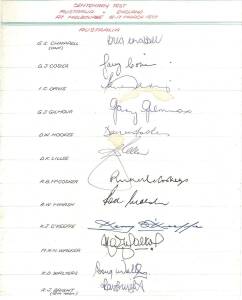 1977 Australian Team for Centenary Test, team sheet with 12 signatures including Greg Chappell (captain), David Hookes, Dennis Lillee & Rick McCosker. Together with 3 signed photos.