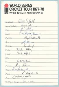 1977-78 West Indies team, WSC team sheet with 15 signatures including Clive Lloyd, Joel Garner & Viv Richards.