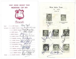 WEST INDIES: 1978-79 tour to India, programme pages with 15 signatures; Team sheets (2) for 1979 World Cup & 1981 U25 tour to Zimbabwe; 1980 tour of England scorecards for 2nd Test & 4th Test, each with 7 signatures; plus signed photograph of Gordon Green