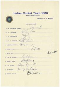 INDIA: Team sheets (5) for 1979 tour to United Kingdom (faults); 1980 6th Test v Pakistan; 1980-81 tour to Australia & NZ; 1981 tour to NZ; 1981 3rd Test v England; plus signed photographs of Sunil Gavaskar & N.S.Yadav..