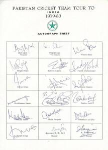 PAKISTAN: Team sheets (5) for 1979-80 tour to India; 1981-82 tour to Australia; 1982 tour to England; 1983 World Cup; 1983 tour to India; plus 19 signed photographs.