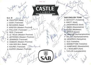 1981-82 FIRST REBEL TOUR TO SOUTH AFRICA: Scorecard signed by South Africa & SAB English Team, with 28 signatures including Mike Proctor, Jimmy Cook, Graham Gooch & Geoff Boycott.