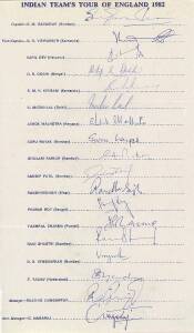 INDIA: Team sheets (4) for 1982 tour to United Kingdom; 1982-83 tour to Pakistan; 1983 tour to West Indies; 1983 World Cup (India champions); plus 6 signed photographs & 1983 Seasons Greetings Card. 