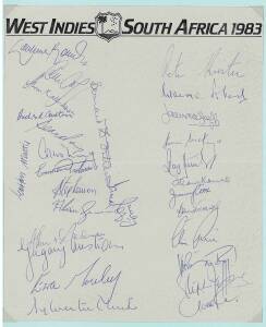 1983 West Indies Rebel tour to South Africa, team sheet signed by both teams, with 28 signatures including Lawrence Rowe, Collis King, Peter Kirsten & Clive Rice.