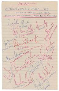 INDIA: Team sheets/autograph pages (5) for 1983 1st Test v West Indies; 1984 Young India tour to Zimbabwe; 1984-85 5th Test v England; 1985 tour to Australia; 1985 tour to Sri Lanka.