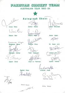 PAKISTAN: Team sheets (6) for 1983-84 tour to Australia; 1985 World Championship of Cricket; 1986 Asia Cup in Sri Lanka; 1987 tour to England; 1987 World Cup; 1987 Pakistan "B" tour to Zimbabwe; plus 26 signed photographs.