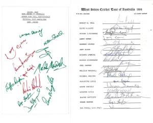 WEST INDIES: Team sheets (5) for 1984 tour of Australia; 1984 v Prime Minister's XI; 1984 2nd Test v Australia; 1984 tour to UK; 1984-85 tour to Australia; plus 9 signed photographs.