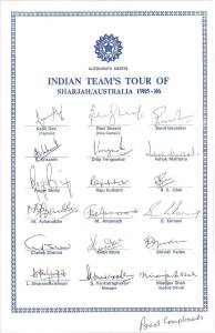 INDIA: Team sheets/autograph pages (5) for 1985-86 tour to Sharjah/Australia; 1986 Champions Trophy in Sharjah; 1986-87 team; 1987 Reliance Cup; 1990 tour to New Zealand; plus 3 signed photographs.