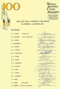 NEW ZEALAND: Team sheets (5) for 1985-86 3rd Test v Australia; 1986 v India; 1986 tour to Asia Cup in Sri Lanka; 1986 tour to UK; 1987 tour to Sri Lanka; plus 4 signed photographs.