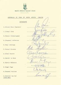 SOUTH AFRICA: Team sheets (5) for 1985-86 v Australia XI; 1991 tour to India; 1992 World Cup; 1992 v West Indies; 1992 1st Test v India; plus 11 signed photographs.