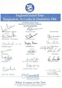 ENGLAND: Team sheets (5) for 1986 tour to Bangladesh, Sri Lanka & Zimbabwe; 1986 tour to West Indies; 1986 ODI v India; 1986 3rd Test v India; 1987 3rd Test v Pakistan.