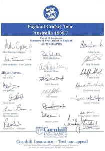 ENGLAND: Team sheets (5) for 1986-87 tour to Australia; 1986 v WA; 1987 England v West Indies (both teams); 1987 world Cup; 1988 tour to NZ; plus 10 signed photographs.