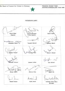 PAKISTAN: Team sheets (6) for 1988 tour to Australia/NZ; 1990 "B" tour to Zimbabwe; 1991 "A" tour to Sri Lanka; 1992 World Cup; 1992 tour to England; 1992-93 tour to Australia; plus 34 signed photographs.