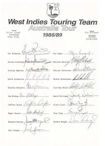 WEST INDIES: Team sheets (4) for 1988-89 tour of Australia; 1989 tour of Zimbabwe; 1991-92 World Cup; 1992-93 tour to Australia; plus 56 signed photographs.