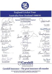 ENGLAND: Team sheets (5) for 1990-91 tour to Australia & NZ; 1991 England A tour to Pakistan & Sri Lanka; 1991 3rd Test v West Indies; 1992 World Cup; 1993 England A tour to Australia; plus 25 signed photographs.