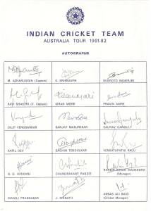 INDIA: Team sheets (4) for 1991 v South Africa; 1991-92 tour to Australia; 1992 World Cup; 1992-93 tour to Zimbabwe & South Africa; plus 9 signed photographs & 1990 England v India scorecard with 2 signatures including Graham Gooch.