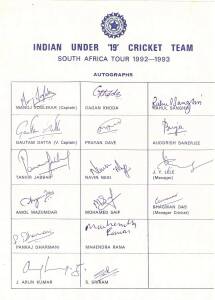 INDIA: 1992 Friendship tour to South Africa menu signed by both teams; Team sheets (3) for 1993 tour to Sri Lanka; 1994-95 tour to Sri Lanka; 1996 tour to England/ Holland; plus 23 signed photographs.