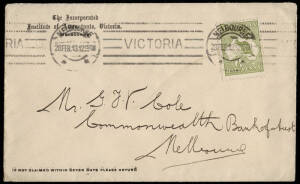 Group on cover; 1913 (Feb.28) usage of ½d green on a cover, Institute of Accountants Vic. - C'wealth Bank. Melb.; 1913 (Feb.11) usage of 1d red on a cover (opened out) Rainbow Vic. - Sth. Aust.; 1914 (Oct.15) usage of 1d red, punct. sm. 'OS' (fault) on a 