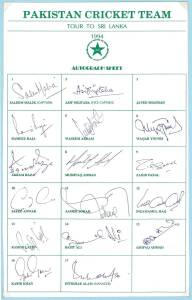 PAKISTAN: Team sheets/autograph pages (5) for 1994 tour to Sri Lanka; 1995 tour to Australia/NZ; 1995 1st Test v Australia; 1996-97 tour to Australia; 1996 team; plus 22 signed photographs.