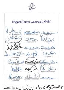 ENGLAND: Team sheets (4) for 1994-95 tour to Australia; 1996 2nd Test v Pakistan; 1996 England  A tour to Australia; 1997 Texaco Trophy v Australia; plus signed colour brochure for 1994-95 tour to Australia & 14 signed photographs.