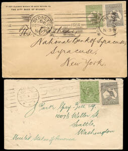 2 commercial covers to USA, 1914 (Aug.29) franked with ½d green & 2d grey (sm fault) 1st wmk 'Roos and 1916 (Jul.15) franked with ½d green KGV & 2d grey 'Roo, 3rd wmk.