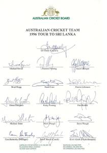 1996 Australian Team to Sri Lanka, official team sheet with 16 signatures including Ian Healy (captain), Ricky Ponting & Paul Reiffel; plus 7 signed photographs.