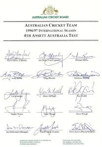 1996-97 Australian Team, official team sheet for 4th Test v West Indies, with 15 signatures including Mark Taylor, Shane Warne & Steve Waugh. Fine condition.