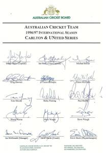 1996-97 Australian Team, official team sheet for Carlton & United Series, with 15 signatures including Mark Taylor, Shane Warne & Steve Waugh. Fine condition.