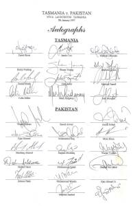 PAKISTAN: Team sheets (5) for 1997 Tasmania v Pakistan (both teams); 1999-2000 tour to Australia; 2003 World Cup; 2003 tour to England; 2003 tour to England (ODIs); plus 56 signed photographs, signed scorecard & 2 signed tickets.