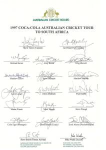 1997 Australian Team to South Africa, official team sheet with 19 signatures, noted Mark Taylor, Glenn McGrath, Shane Warne & Adam Gilchrist.