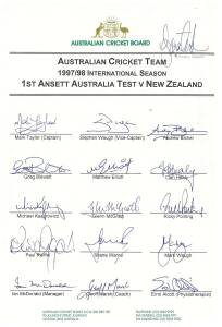 1997-98 Australian Team, 1st Test v New Zealand, official team sheet with 16 signatures including Mark Taylor, Steve Waugh & Glenn McGrath; plus 2 signed photographs. Fine condition. Scarce.