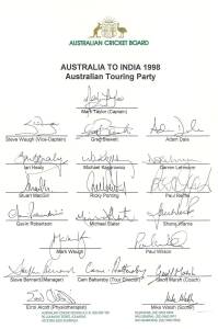 1998 Australian Team to India, official team sheet with 20 signatures including Mark Taylor (captain), Shane Warne & Steve Waugh.