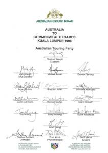 1998 Australian Team to Commonwealth Games in Kuala Lumpur, official team sheet with 17 signatures including Stephen Waugh (captain), Adam Gilchrist & Glenn McGrath. Fine condition. Scarce.