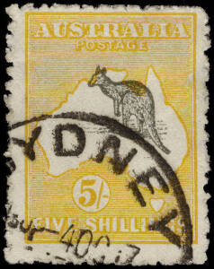 5/- Deep Grey & Yellow, MISPLACED KANGAROO, 3½mm upwards; BW.43ca, cat $7,500. At the time of publication, this year Brusden White records a single known copy, which realized a hammer price of $6,250, as Lot 226 in the Stuart Hardy sale in May. The exampl