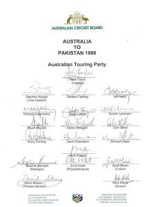 1998 Australian Team to Pakistan, official team sheet with 19 signatures including Mark Taylor, Stephen Waugh, Ian Healy & Colin Miller. Fine condition. Scarce.