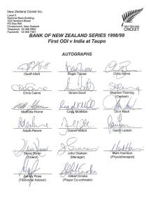 NEW ZEALAND: Team sheets (5) for 1998-99 1st ODI v India; 1998-99 2nd ODI v India; 1998-99 2nd test v south Africa; 1999 tour to England; 1999-2000 1st Test v West Indies; plus 23 signed photographs.