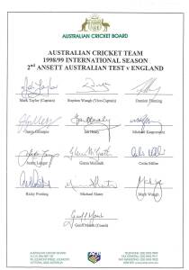 1998-99 Australian Team for 2nd Test v England, official team sheet with 13 signatures including Mark Taylor (captain), Stephen Waugh, Glenn McGrath & Ricky Ponting; plus 14 signed photographs. Fine condition. Scarce.