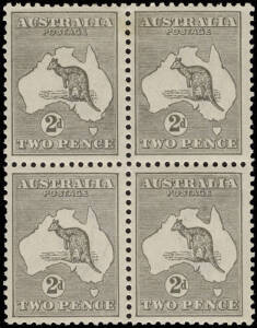 2d Grey (Die 2A) block with varieties: "White flaw adjacent to NSW coast" [3R17]; white flaw on Roo's tail [3R23] & "White flaw over LIA" [3R24]; well centred & fresh. BW:8i,j & unlisted.