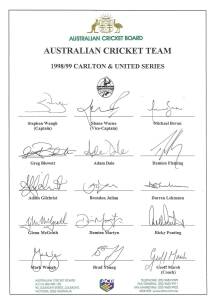 1998-99 Australian Team for Carlton & United Series (One Day series v England & Sri Lanka), official team sheet with 15 signatures including Stephen Waugh (captain), Shane Warne & Adam Gilchrist. Fine condition. Scarce.