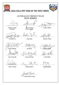 1999 Australian Team to West Indies, official team sheet for Test Series with 16 signatures including Stephen Waugh (captain), Shane Warne, Ian Healy & Colin Miller. Fine condition.