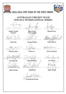 1999 Australian Team to West Indies, official team sheet for One Day International Series with 16 signatures including Stephen Waugh (captain), Shane Warne, Ian Healy & Colin Miller. Fine condition. 